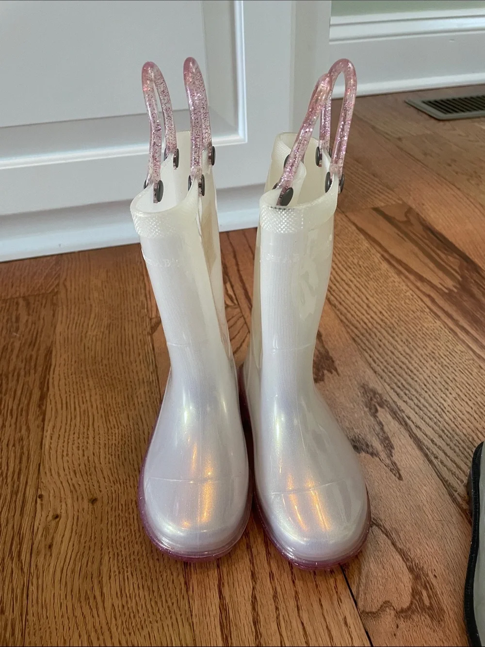 Western Chief Kids Rain Boots - White & Pink Glitter Handles and Cream Cow Print